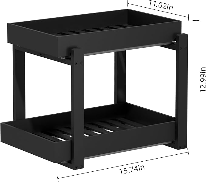 2 Pack Under Sink Organizer, Bamboo Wooden 2-Tier Pull-Out Storage with Sliding Drawers for Kitchen and Bathroom Cabinets, Easy Installation (Black, 1 pack)