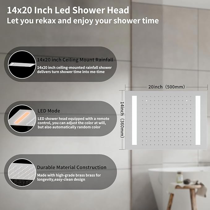 Bathroom shower system Ceiling 14x20 inch shower head, spray with handle, 6 PCS Body Jet and Handheld, temperature display shower faucet set (Brushed Nickel)