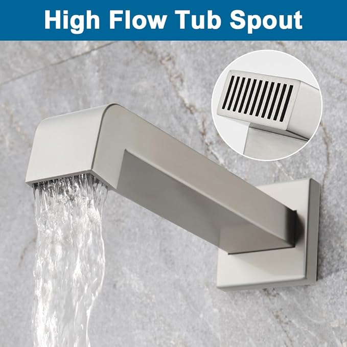 POP SANITARYWARE Shower Tub Faucet Set Brushed Nickel Bathroom Rain Shower System with Tub Spout Wall Mounted Rainfall 10 Inch Thickened Shower Head and Handle Set Include Shower Valve and Trim Kit