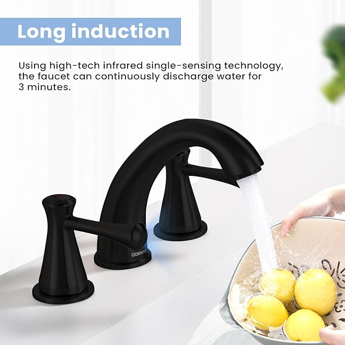 Touchless Bathroom Faucet for 3 Holes 3 Handles, Controlling Temperature & Adjustable Water Flow, Short & Long Induction Modes, Auto Motion Sensor Bathroom Faucet Set Metal Matte Black 29180