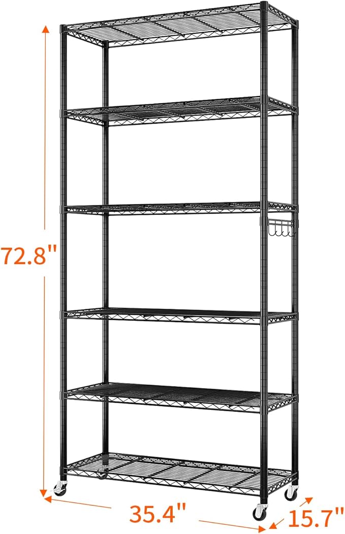 6 Tier Storage Racks Shelving, Heavy Steel Pantry Shelves, Adjustable Wire Shelving Rack with Wheels, Suitable for Garage, Kitchen, Bathroom, Office, 35" W x 16" D x 73" H, Black