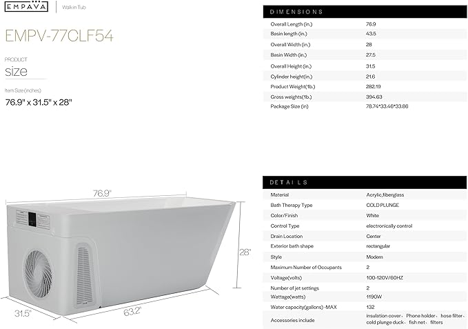 Empava Cold Plunge Tub, Professional Freestanding Smart Bathtub with Water Chiller, 37°F to 86°F Precision Cooling, Dual Drain Safety, Built-in Filtration & WiFi Control, 77 In, UL Certified