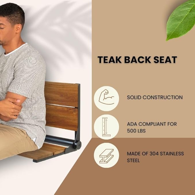 Teak Shower Seat - Contour Wood / Folding Wall Mount Bench for Inside Shower / ADA Safety Assist / 304 Stainless Steel / Matte Black / 26" x 16"