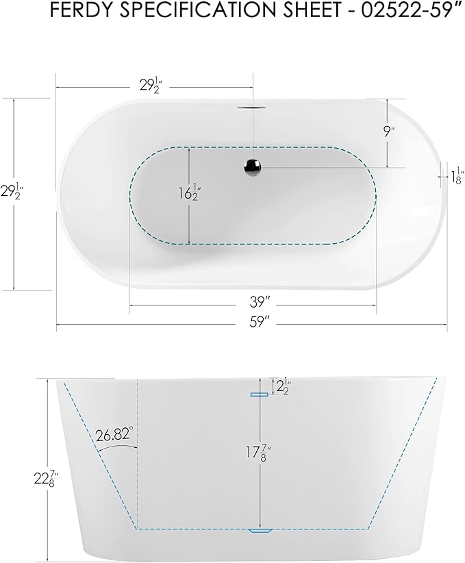 FerdY Shangri-La 59" Acrylic Freestanding Bathtub, Classic Oval Shape Acrylic freestanding tub Modern White, cUPC Certified, Chrome Drain and Classic Slotted Overflow Included
