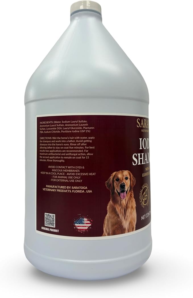 2% Iodine Shampoo for Horses & Dogs – Non-Staining Antiseptic Wash for Skin Irritation, Scratches, Fungus & Rain Rot – Cleans & Shines Coat – 1 Gallon – Saratoga Veterinary Products