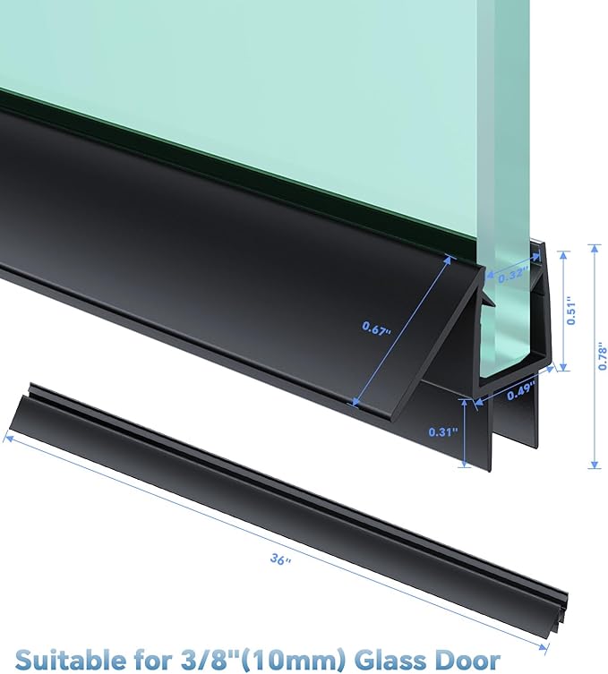 Shower Door Bottom Seal Strip, 2PCS Seal Strip, Clear PVC, 36" Length, Fits 10mm Thick Glass, Prevents Leaks, Easy Installation, No Adhesive Required (Black, 36in for 3/8"(10mm))