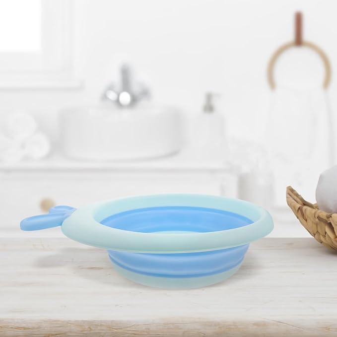 Collapsible Wash Basin and Portable Sink Tub for Newborns, Cartoon Blue, Lightweight Plastic Foldable Washbasin for Travel and Home Bathing