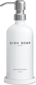 White Glass Dish Soap Dispenser for Kitchen Sink by Brighter Barns - Modern Kitchen Soap Dispenser Set - Refillable Glass Bottle with Pump - Neutral Minimalist Home Decor in Airbnb, Restaurant (White)