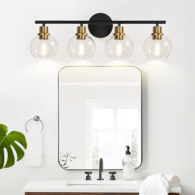 2025 Upgrade 4-Light Bathroom Light Fixtures, Black and Gold Bathroom Lights Over Mirror with Clear Glass Globe Shade, Vanity Lights for Bathroom Kitchen Living Room Hallway Cabinet Bedroom Porch