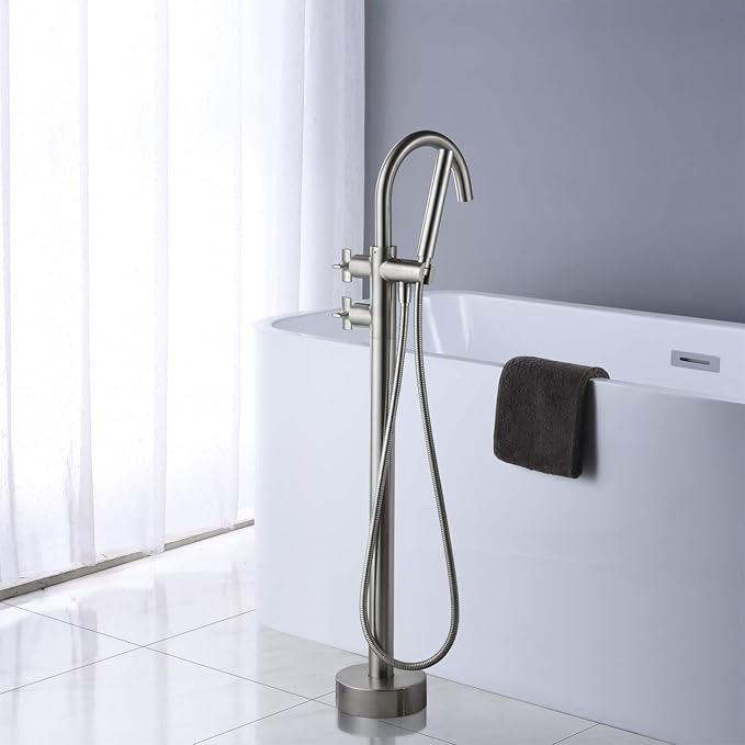 Tub Filler Freestanding Bathtub Faucet Brushed Nickel Floor Mount Brass Faucets with Hand Shower