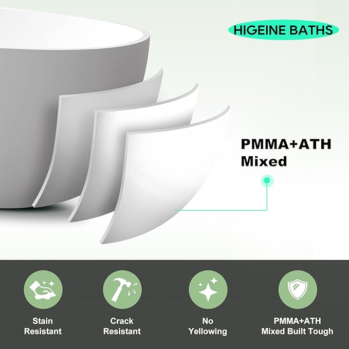 64" Premium Modern Solid Surface Free Standing Bathtubs, Unique Matte White Stone Resin Soaking Tub with Pop-up Drain