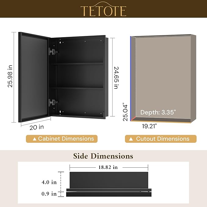 TETOTE 20" x 26" Recessed Medicine Cabinets Black Bathroom Storage with Mirror Beveled Edge Aluminum Frame Adjustable Shelves Wall-Mounted
