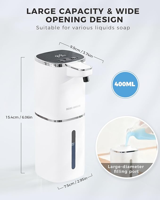 Automatic Liquid Soap Dispenser, 12.8oz Rechargeable, Adjustable Liquid Levels, IPX5 Waterproof, Touchless & Wall/Tabletop Use for Kitchen Bathroom, White