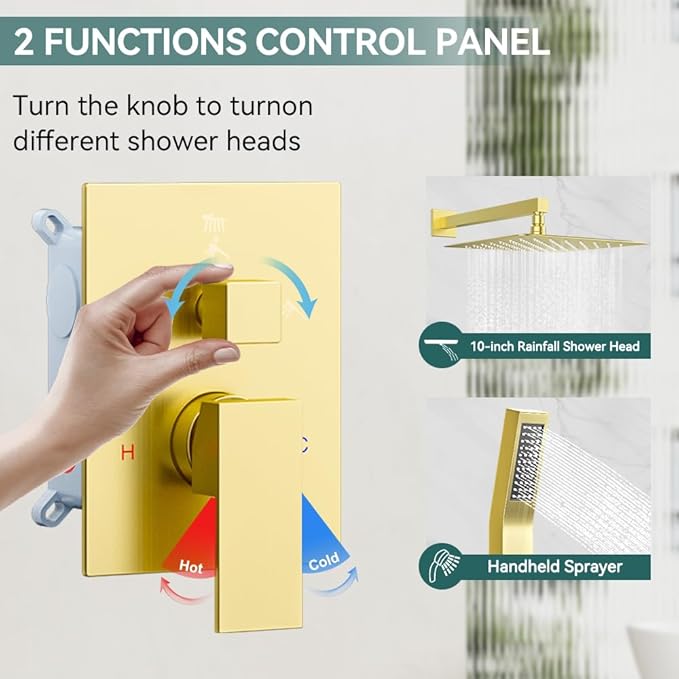Shower Faucet Set Brushed Gold Shower System, Starbath 12" Rain Shower Head and Handheld Spray Shower Set Complete Wall Mounted,2 Way Pressure Balance Shower Valve and Trim Kit Included