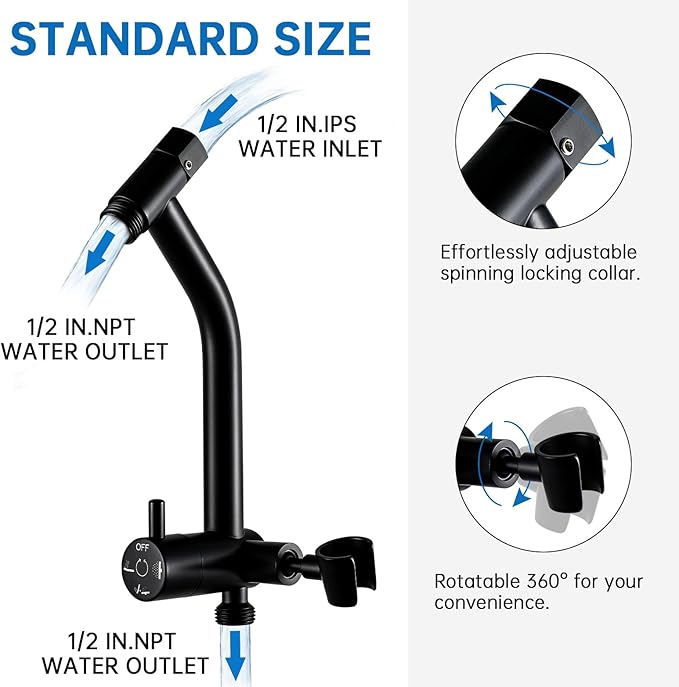G-Promise Metal Shower Diverter with Low Handheld Holder, 3-Way Diverter Valve with Pause Mode for Handheld and Fixed Shower Head, 4-Settings Universal Bathing System Replacement Part(Matte Black)