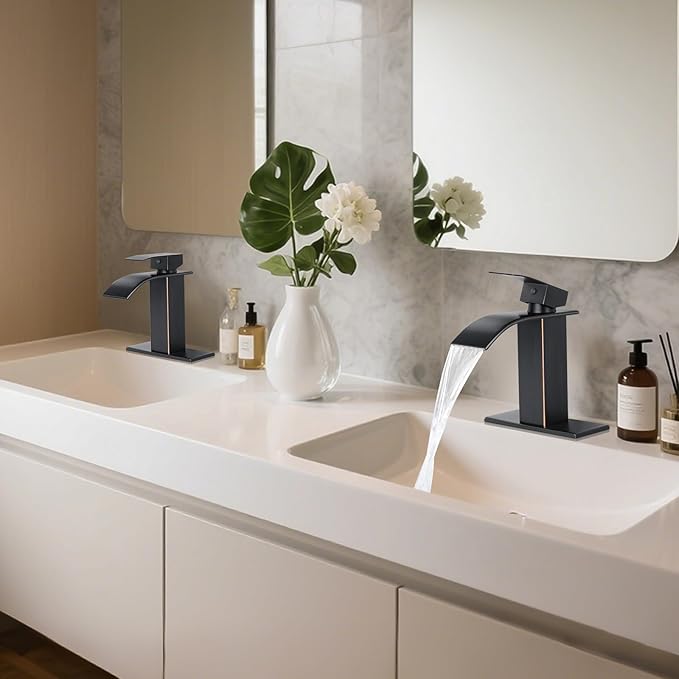 Bathroom Faucets Oil Rubbed Bronze Waterfall Bathroom Sink Faucet Modern Single Handle Bathroom Faucet for 1 or 3 Hole Mxier Tap Washbasin Faucet with Deck, Pop-up Drain and Supply Hoses