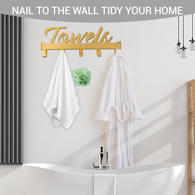 Over The Door Hooks, Towel Rack Towel Hooks for Bathroom, Towel Holder for Hanging Heavy Duty, Door Rack Over Door Hanger with 5 Coat Hooks for Bedroom Bathroom Kitchen（Light Gold）