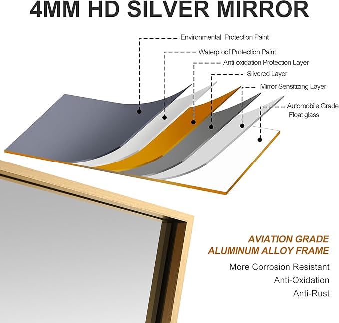 30x30 Inch Gold Bathroom Mirror, Copper-Free Mirror, Aluminum Alloy Frame Vanity Mirror, Rectangle Wall Mounted Mirror, Modern Mirror for Bedroom/Living Room/Porch Horizontal or Vertical