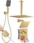 Shower System with Pressure Balance Valve, 12" Ceiling Mount Shower Faucet Set with 2 Rain Shower Head And Multi-function Handheld Head Push Button Diverter Pressure Balancing Valve Kit, Brushed Gold