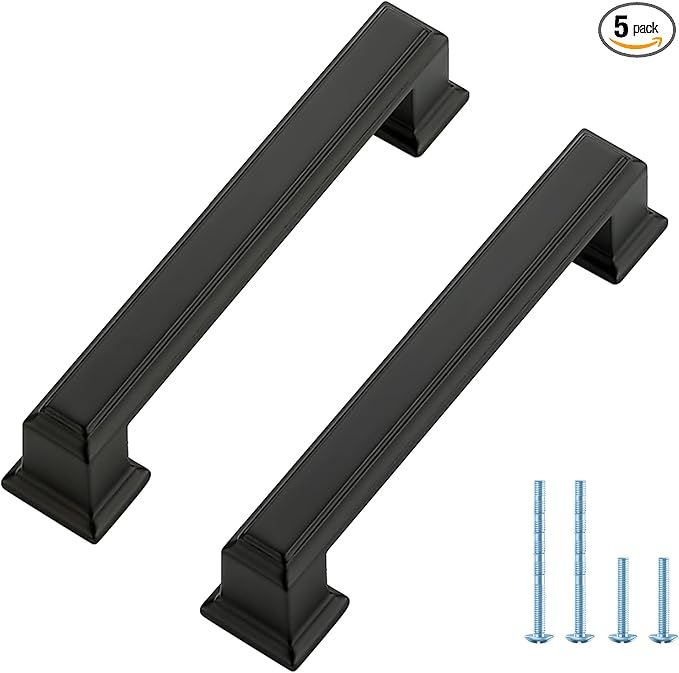 Ravinte Hardware 5 Pack Matte Black Cabinet Pulls, 3-3/4 Inch (96mm) Hole Center Zinc Alloy Drawer Handles for Kitchen Cabinets, Cupboards, Dressers, Square Solid Metal Hardware