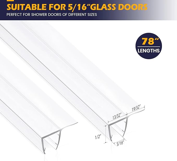 Shower Glass Door Side Seal, 2PCS 78 Inch Ultra Clear PVC Seal Strip with Long Sweep for 5/16"(8mm) Thick Framless Glass Door, to Stop Water Leakage