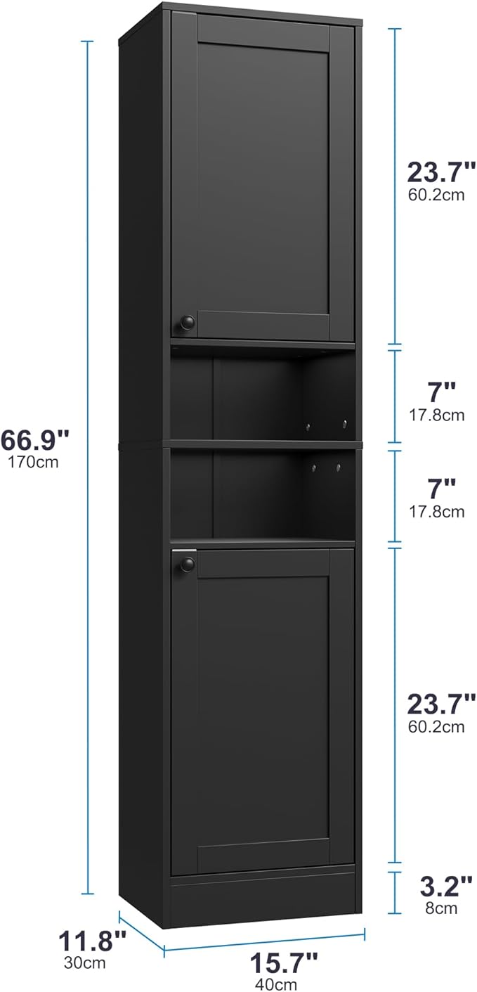 67" Tall Bathroom Cabinet with 2 Doors, Narrow Freestanding Floor Cabinet, Slim Storage Unit with Adjustable Shelves for Bathroom, Living Room, Entryway, Kitchen, Black