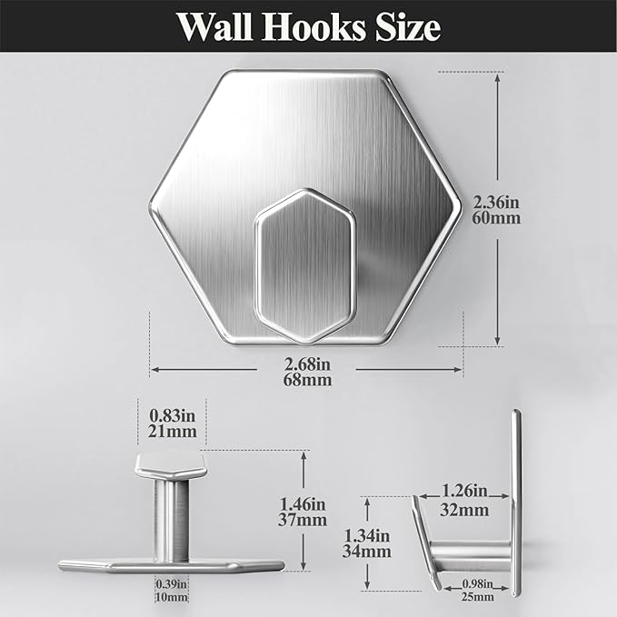 Adhesive Towel Hooks Heavy Duty Wall hooks Waterproof Stainless Steel Shower Rack for Coat, Key, Hat, Robe, Clothes, Picture Hanging Towel Hooks for Bathrooms Kitchen Door (4-Pack, Brushed Silver)