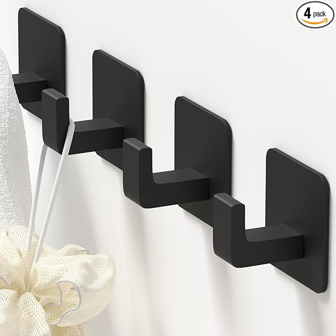 Square Self Adhesive Towel Hooks - 4 Pack Matte Black Metal Hooks, Right-Angle Design for Towels, Robes & Hats, Organize Bathroom, Kitchen, Entryway, Doors, Cabinets on Smooth Surfaces