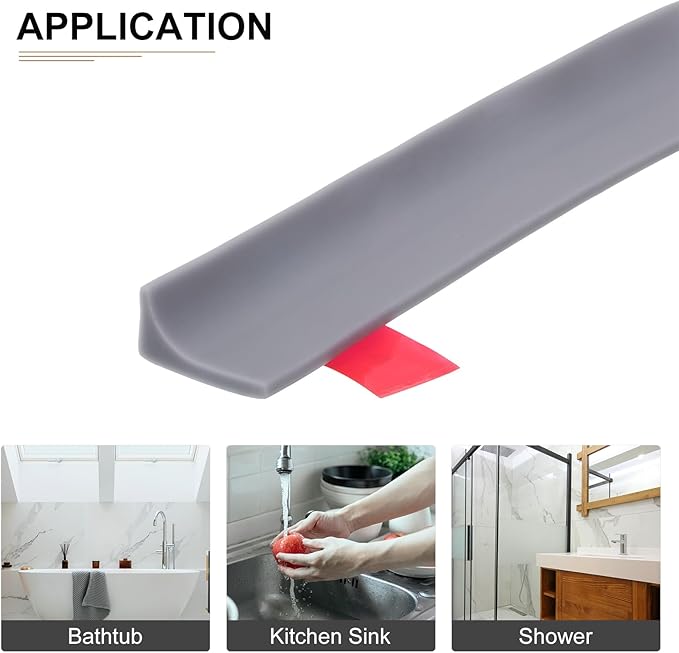 79"x0.8"x0.5" (LxWxH) Collapsible Shower Barrier Stopper - 1 Pack - Good for Bathroom Kitchen - L Shape Water Splash Guard Blocker - Gray