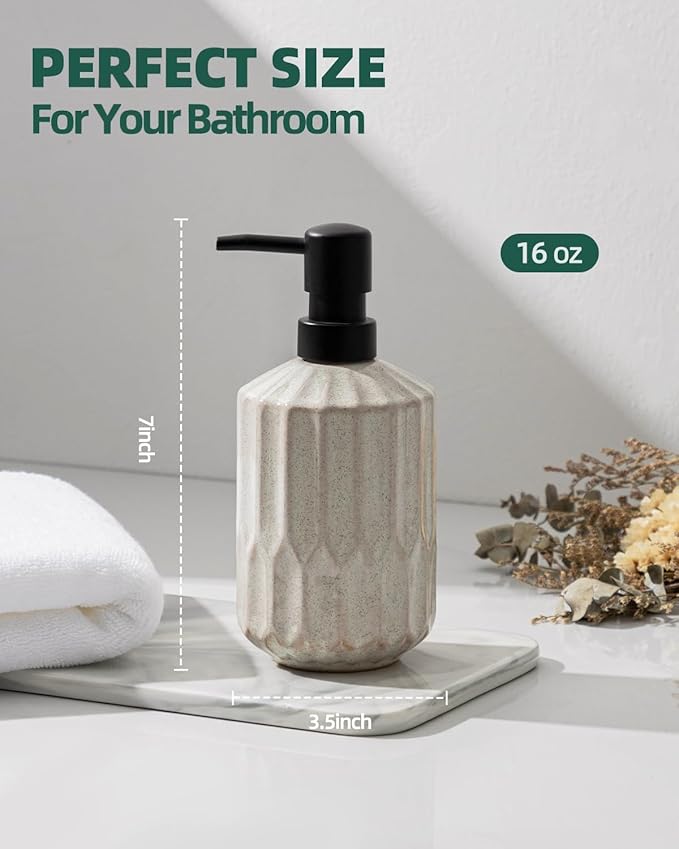 Fun Elements Bathroom Soap Dispenser, 16 Oz Luxurious Hand soap Dispenser for Bathroom, Ceramic Liquid Soap Dispenser for Bathroom Countertop with Plastic Pump, Silicone Funnel (2Pcs Black Pump)
