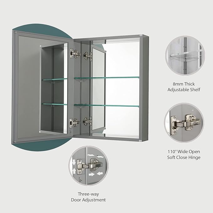 Blossom 20x31 Inch Aluminum Medicine Cabinet with Mirror – Recessed or Surface Wall Mounted Bathroom Storage with Adjustable Glass Shelves, Soft Close Hinges, Rust-Resistant and Modern Mirrored Design