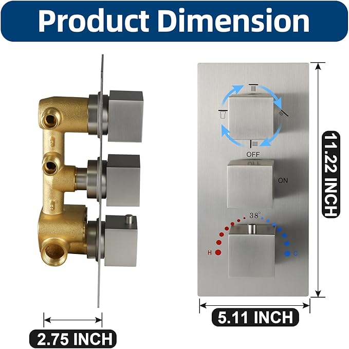 HOMEDEC Solid Brass 4 Outlets Shower Diverter Valve, Thermostatic 4-Way 3 Handles Control Shower Mixing Valve Trim Kit Rough In Replacement, Brushed Nickel