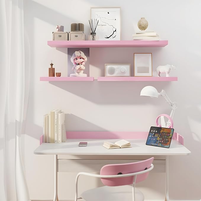 SAUMONIERES Floating Wall Shelves for Bedroom Bathroom Wall Mounted Solid Wood Shelf 24 Inch Set of 3, Pink Floating Shelves