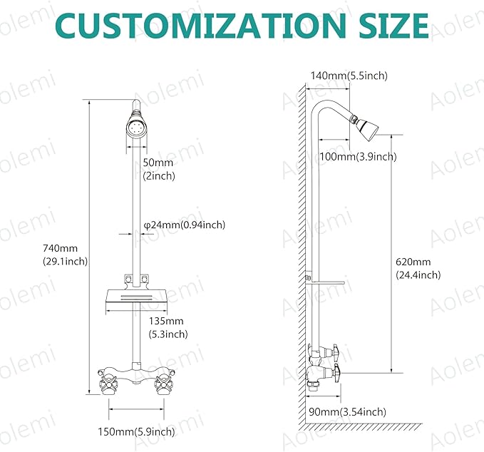 Aolemi Outdoor Shower Kit Fixtures Faucet System with High Pressure Showerhead Utility 2-Handle Exposed Shower with Brass Mix Valve 6 Inch Center with Soap Dish Matte Black
