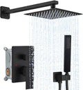 Matte Black Shower System YCAIKOI Wall Mount Shower Faucet Set for Bathroom 10 Inch High Pressure Luxury Shower Head with Handheld, Rough-in Valve Body and Trim Included