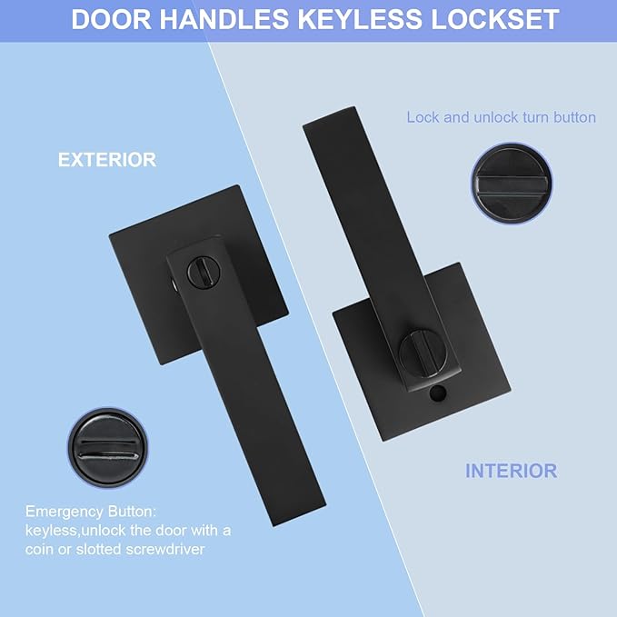 Privacy Interior Door Lever, Heavy Duty Matte Black Door Handles Square Door Knobs for Bedroom & Bathroom Keyless Door Lock Handles for Right & Left Sided Doors (1 Pack)