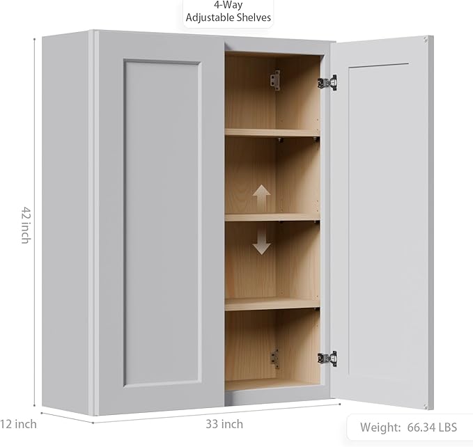 33 Inch Laundry Room Cabinets Wall Mounted, Solid Wood Over The Toilet Storage Cabinet, Bathroom Organizer Cabinets with 2 Door & 3 Shelves, Easy to Assemble for Kitchen, Garage - Light Gray