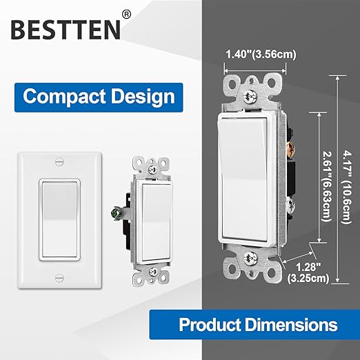 BESTTEN 100 Pack Single Pole Decorator Wall Light Switch with Wall Plate, 15A 120/277V, On/Off Rocker Paddle Interrupter for LED and Other Lamps, UL Listed, White
