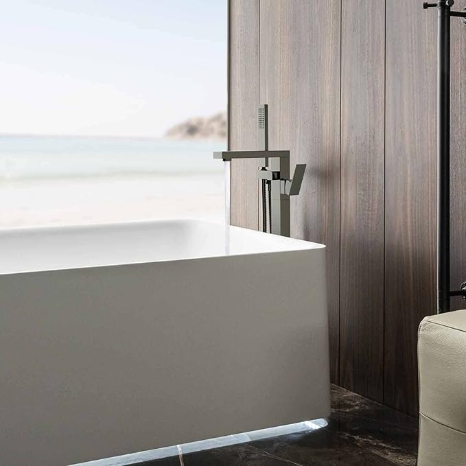 KIBI Cube Brushed Nickel Freestanding Bathtub Faucet ‑ Floor‑Mounted Brass Tub Filler | Single‑Handle Bathroom Faucets with Hand Shower, Ceramic Cartridge & Stainless Steel Hose (KTF302BG)