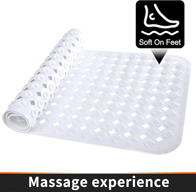 Yimobra Non Slip Bath Mat, Super Strong Suction Cups,34.5"x15.5"Long Tub Mat with Drain Holes, Machine Washable Fast Draining Shower Mats, Bathroom Essentials,White