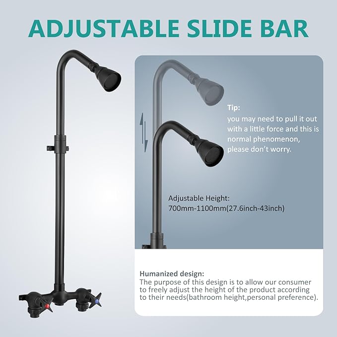 Aolemi Outdoor Shower Kit Fixtures Faucet System Double Handle Exposed Shower with Brass Mix Valve and Height-Adjustable Shower Pipe 6 Inch Center with Showerhead Matte Black