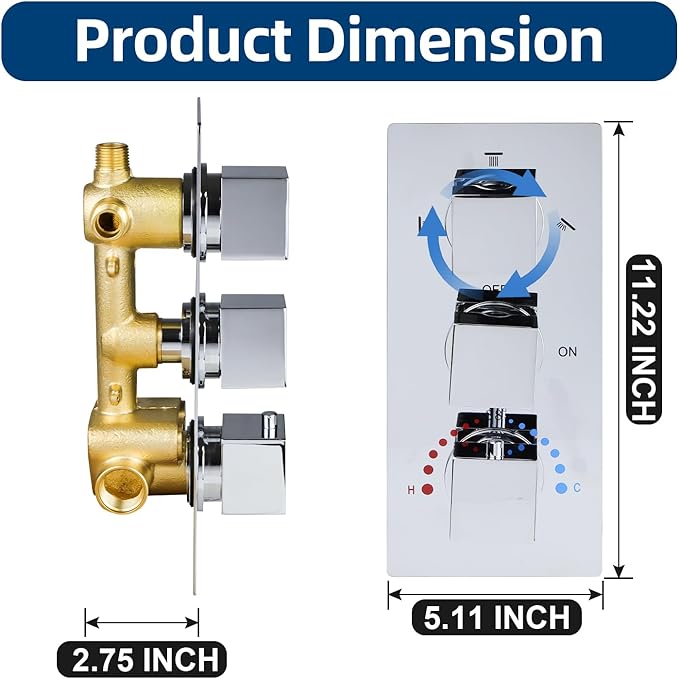 HOMEDEC Brass 3 Way Shower Diverter Valve, Thermostatic 3 Handle Control Shower Mixing Valve Trim Kit Replacement, Rough In, Chrome