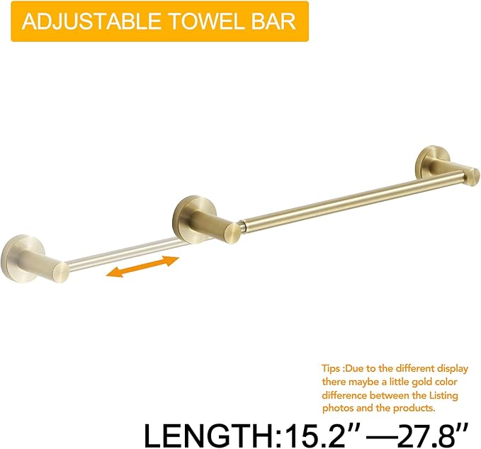 BESy Adjustable 15 to 26 Inch Single Bath Towel Bar for Bathroom SUS304 Stainless Steel Towel Holder, Wall Mount with Screws Hand Towel Bar Rod Hotel Style, Brushed Gold