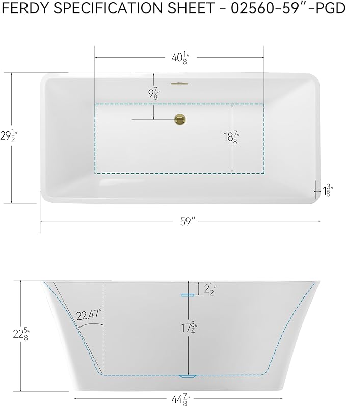 FerdY Sentosa 59" Acrylic Freestanding Bathtub, Contemporary Design Soaking Tub with Polished Gold Drain and Minimalist Linear Design Overflow, Easy to Install