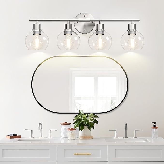 4-Light Bathroom Light Fixtures, Brushed Nickel Modern Vanity Lights Over Mirror with Clear Glass Globe Shade, Bathroom Wall Sconces for Mirror Kitchen Living Room Hallway Cabinet Bedroom Porch