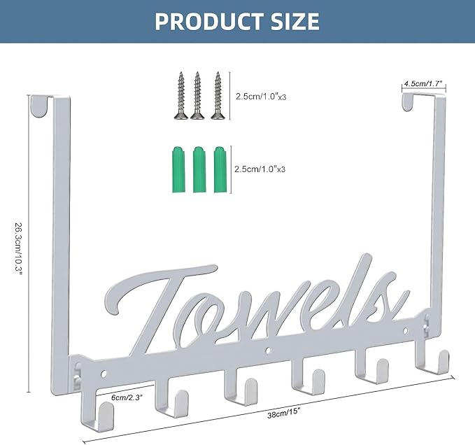 Over The Door Hooks, Towel Rack for Bathroom Towel Holder for Hanging Heavy Duty, Wall Mount Towel Hanger with 6 Hooks for Bedroom Bathroom Kitchen Towels, Bag, Coats, Hats - Silver