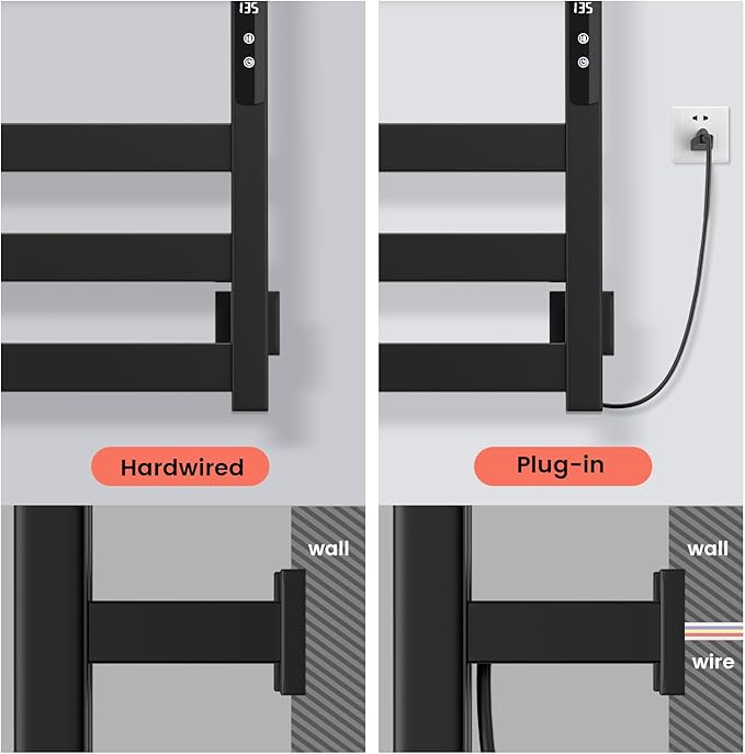 Towel Warmer,Stainless Steel Towel Warmer Rack for Bathroom -6 Bars Wall Mounted Towel Heater with Intelligent Touch Screen Timer, Hard Wired/Plug-in, Black