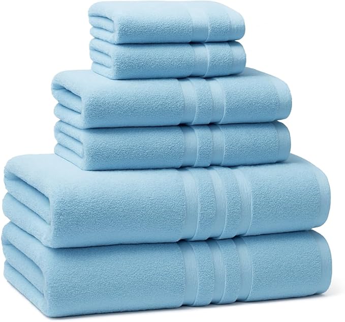 6 Pieces - Turkish Cotton - Luxury Towel Set for Bathroom & Kitchen, 2 Bath Towels, 2 Hand Towels & 2 WashCloths *Valued $79.99* (SKYLITE Blue)