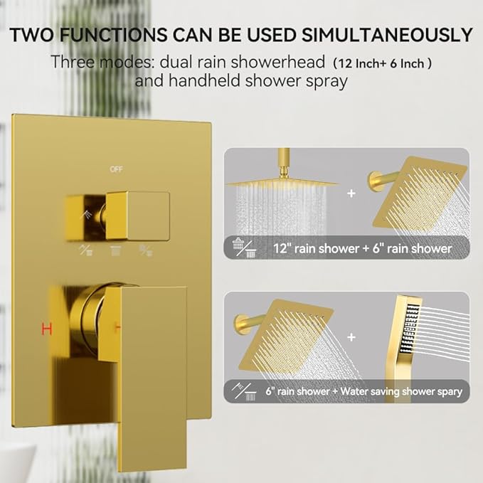 Brushed Gold Shower System, STARBATH 12+6" Rain Shower Head and Handle Set Ceiling Mount, Rainfall Shower Faucet Set Complete with 3 Way Shower Valve with 5 Diverter and Trim Kit