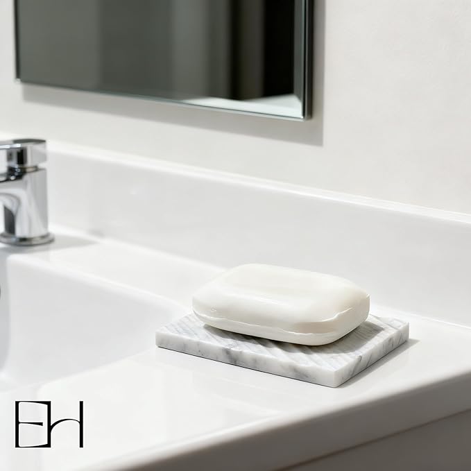 Real Marble Soap Dish - Soap Dish for Shower, Shower Bar Soap Holder, Marble Dish for Bathroom Kitchen, Decorative Stone Soap Dish (Calacatta White, Twill Rectangular)